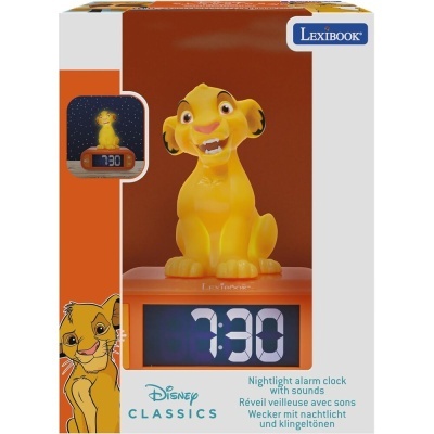 Relógio despertador digital com figura do Simba e luz noturna sobre base laranja