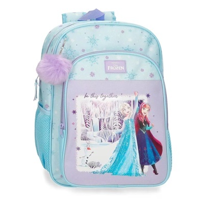 Mochila azul clara com padrão de flocos de neve e imagem das personagens Elsa e Anna do filme Frozen