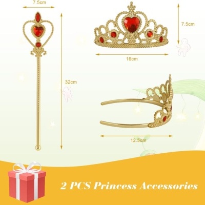 Conjunto de acessórios de princesa com cetro e tiara dourados com pedras vermelhas