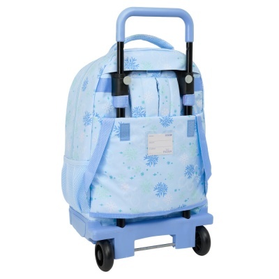 Mochila escolar azul claro com padrão de flocos de neve e carrinho de rodinhas