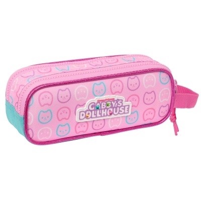 Estojo escolar rosa com padrão de gatos e texto 'GABBY'S DOLLHOUSE'