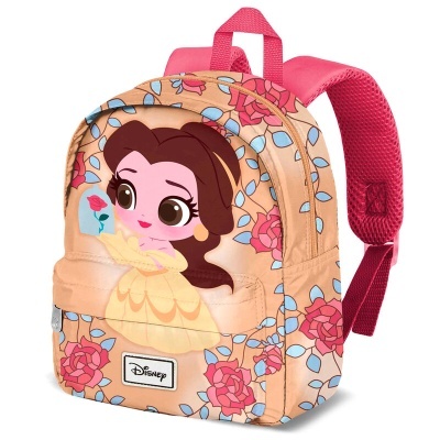 Mochila infantil Disney com padrão floral e personagem em vestido amarelo