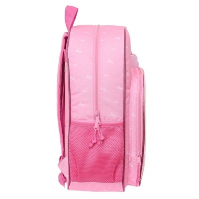 Mochila cor-de-rosa com padrão leve branco vista de lado