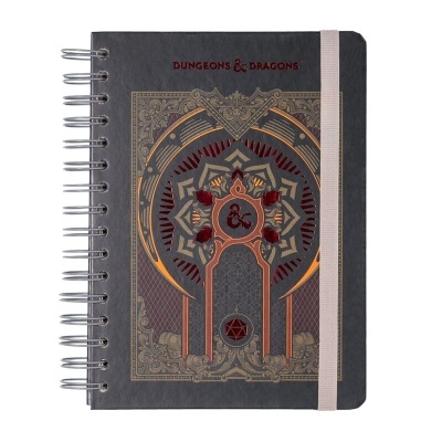 Caderno espiral Dungeons & Dragons com capa decorada cinzenta, dourada e vermelha