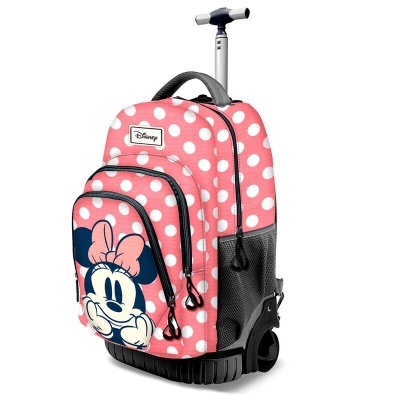 mochila de rodas cor-de-rosa com bolinhas brancas e Minnie Mouse desenhada