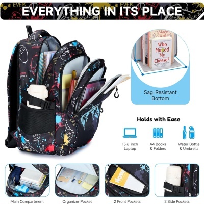 Mochila preta com padrão colorido, vários compartimentos abertos com livros, portátil e uma garrafa branca