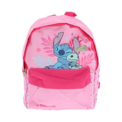 Mochila rosa com estampa do personagem Stitch segurando brinquedo