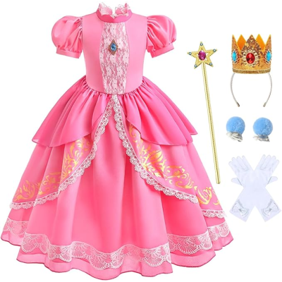 Conjunto de vestido rosa de princesa com acessórios, coroa dourada, varinha de estrela, luvas e brincos. 