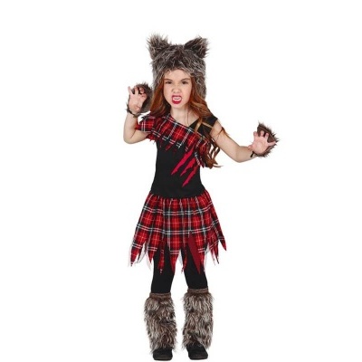 Fantasia infantil de lobisomem com vestido xadrez vermelho e preto e acessórios de pelo castanho e cinza