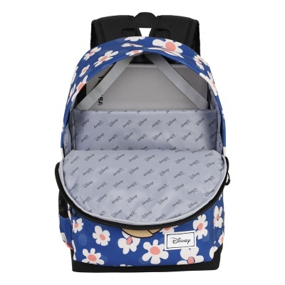 Mochila floral azul com interior cinzento e bolso para portátil