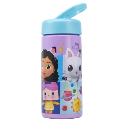 Garrafa de beber infantil lilás com tampa azul e personagens de desenhos animados