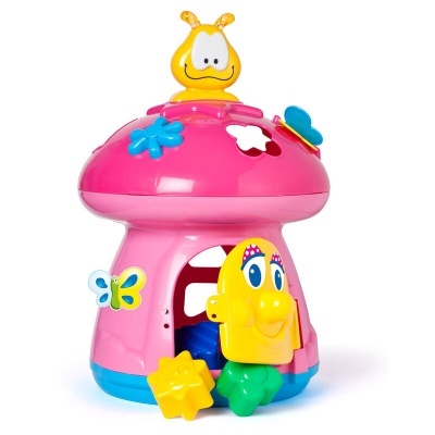 Brinquedo infantil em forma de cogumelo rosa com peças de encaixe coloridas