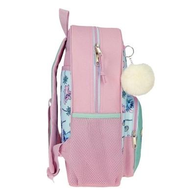 Mochila infantil rosa e azul com estampas de cavalos, flores e pompom branco