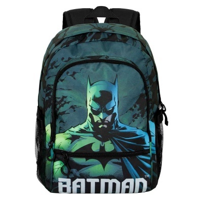 Mochila Batman com imagem e texto, cores verde e preto