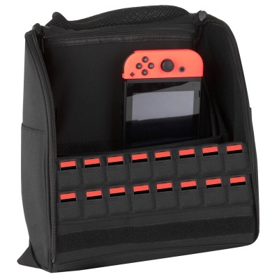 Bolsa preta com consola de videojogos portátil e cartuchos de jogo vermelhos