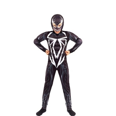 Fato integral preto com máscara estilo Venom usado por criança