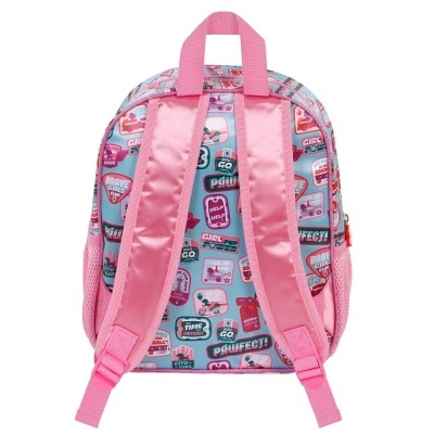 Mochila infantil rosa com padrões coloridos e frases