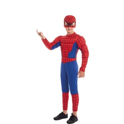 Fato de criança Spider-Man vermelho e azul com padrão de teias pretas
