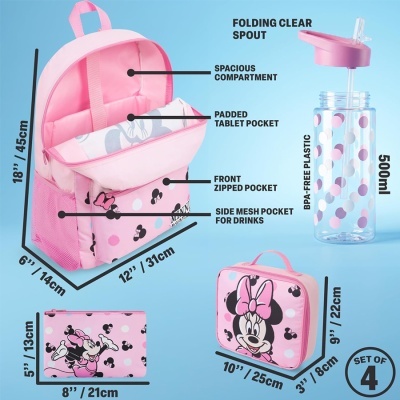Conjunto rosa da Minnie com mochila, lancheira, estojo e garrafa plástica com tampa e canudo