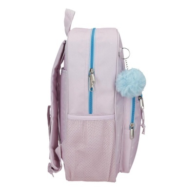Mochila rosa clara com zíper azul e pompom azul claro