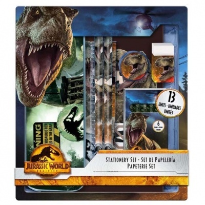 Conjunto de papelaria Jurassic World com imagens de dinossauros