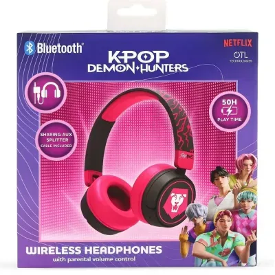 Auriculares sem fios rosa e preto KPOP Demon Hunters com controle parental em embalagem