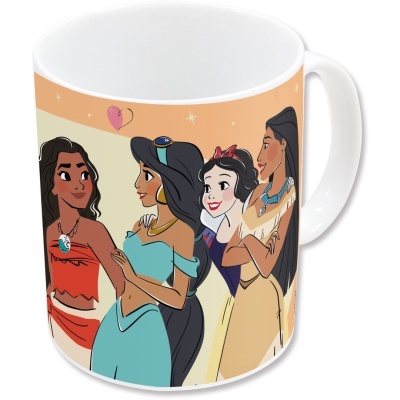 Caneca branca com ilustração de quatro personagens femininas de desenho animado