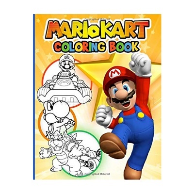 Capa do livro 'Mario Kart Coloring Book' com personagens para colorir e Mario em destaque colorido