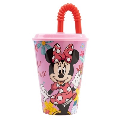 Copo de plástico rosa com imagem da Minnie e canudo vermelho