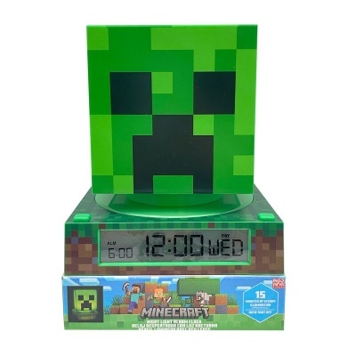 Relógio digital Minecraft Creeper com design de blocos verdes e castanhos