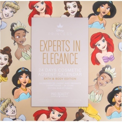 Calendário advento cosmético Disney Princess Experts In Elegance em fundo decorado com princesas Disney