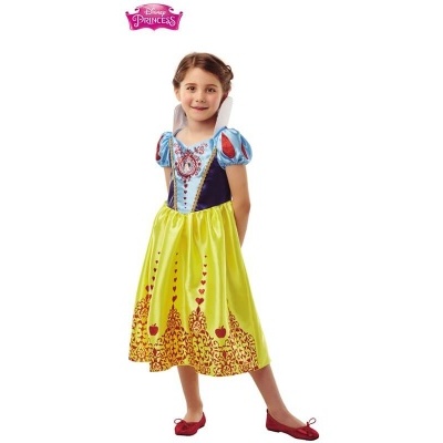 Vestido de princesa Disney em azul, amarelo e vermelho com menina a usar