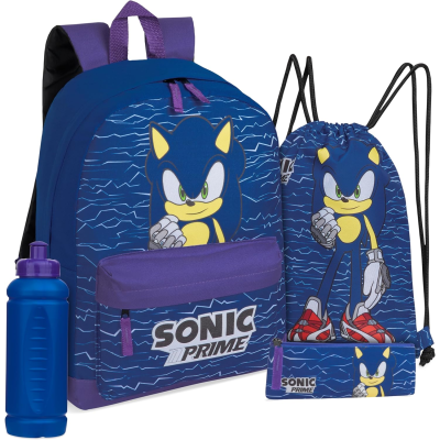 Conjunto de mochila, saco, estojo e garrafa com imagem do Sonic Prime