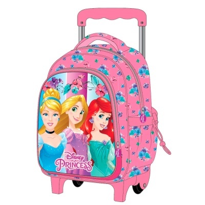 Mala de viagem infantil cor-de-rosa com padrão floral e princesas Disney
