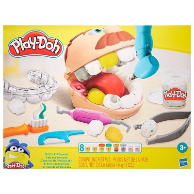 Brinquedo Play-Doh dentista com figura de cabeça grande e acessórios coloridos