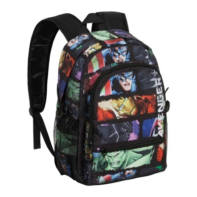 mochila Avengers preta com personagens coloridos e texto AVENGER