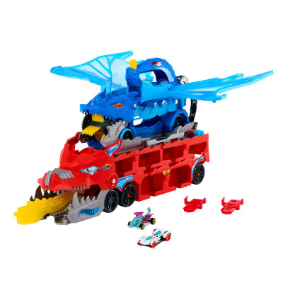 Brinquedo Hot Wheels dragão vermelho e azul com carros pequenos e asas azuis