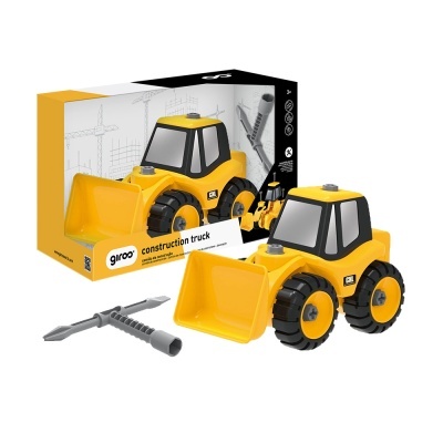 Brinquedo camião de construção amarelo com rodas e janelas pretas e ferramenta cinzenta