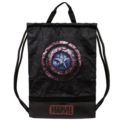 Mochila preta com escudo do Capitão América e logo MARVEL