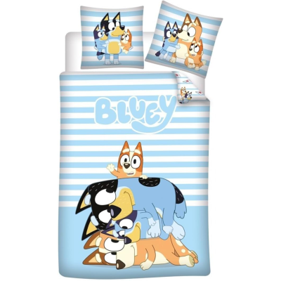 Roupa de cama com padrão Bluey e riscas azuis e brancas