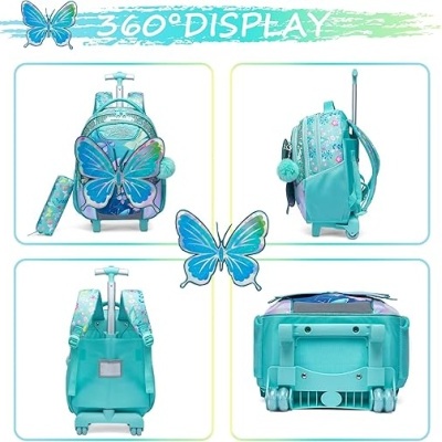 Mochila escolar azul turquesa com padrão de estrelas e borboletas, vista de diversos ângulos