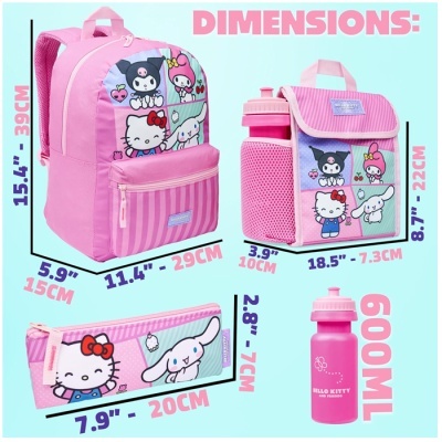 Conjunto escolar rosa com mochila, estojo, saco para lancheira e garrafa com personagens Hello Kitty e amigos