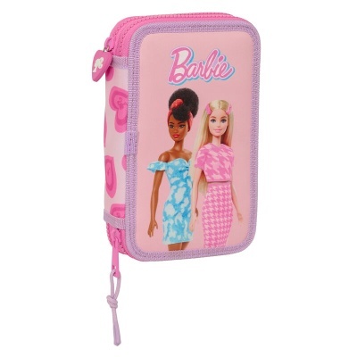 Estojo escolar rosa com bonecas Barbie e zíper lilás.