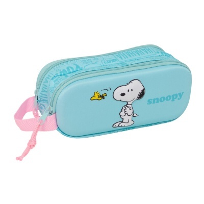 Estojo azul claro com personagens Snoopy e Woodstock e fecho duplo
