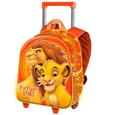 Mochila trolley infantil laranja com personagens do Rei Leão e texto FUTURE KING