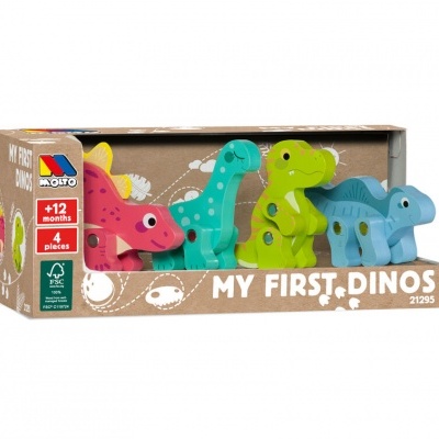 Brinquedos de dinossauros em madeira colorida numa caixa de cartão