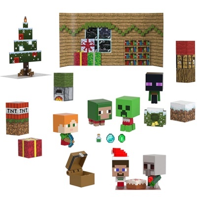 Brinquedos estilo Minecraft com temática de Natal e personagens pixelados coloridos.