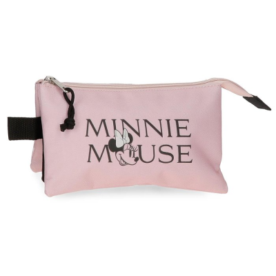 Bolsa de maquilhagem rosa com texto Minnie Mouse e imagem da personagem