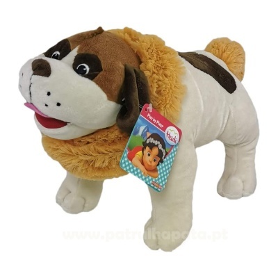 Pelúcia de cão branco e castanho com coleira amarela peluda e etiqueta Litou.