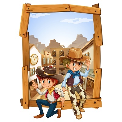 Duas crianças vestidas de cowboys num cenário do Velho Oeste emoldurado por madeira